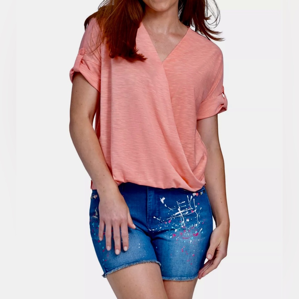 Seven7 Cross Over Soft Slub Jersey Top Surplice Shirt Pink Peach XL
